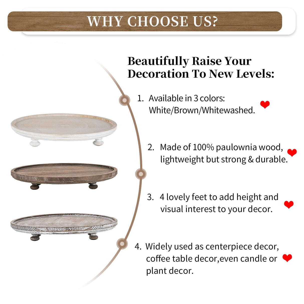 Hanobe Wood Risers for Decor: Rustic Round Wooden Pedestal Stand Tray for Display Farmhouse Table Decorative Risers for Dessert Candle Cake Plant, White 11" Hanobe