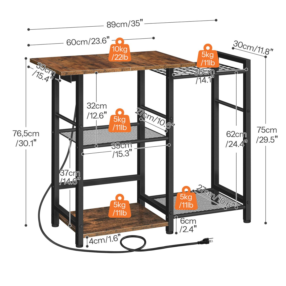HOOBRO Bakers Rack with Pots Rack, Microwave Stand with Charging Station, Space-Saving Coffee Bar Industrial Bread Organizer, for Dining Room, Kitchen, Black and Rustic Brown BF15UHB01 HOOBRO