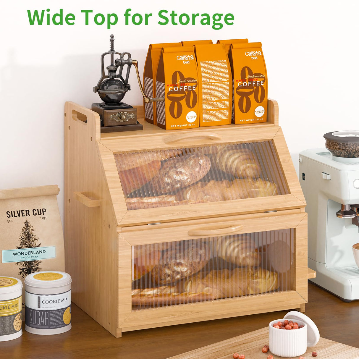 Bread Box, Bread Box for Kitchen Countertop, Large Bread Storage Container for Homemade Bread, Wooden Farmhouse Breadbox Organizers, Double Layer Bread Bin with Acrylic Window Bread Holder,Brown TQQDCI