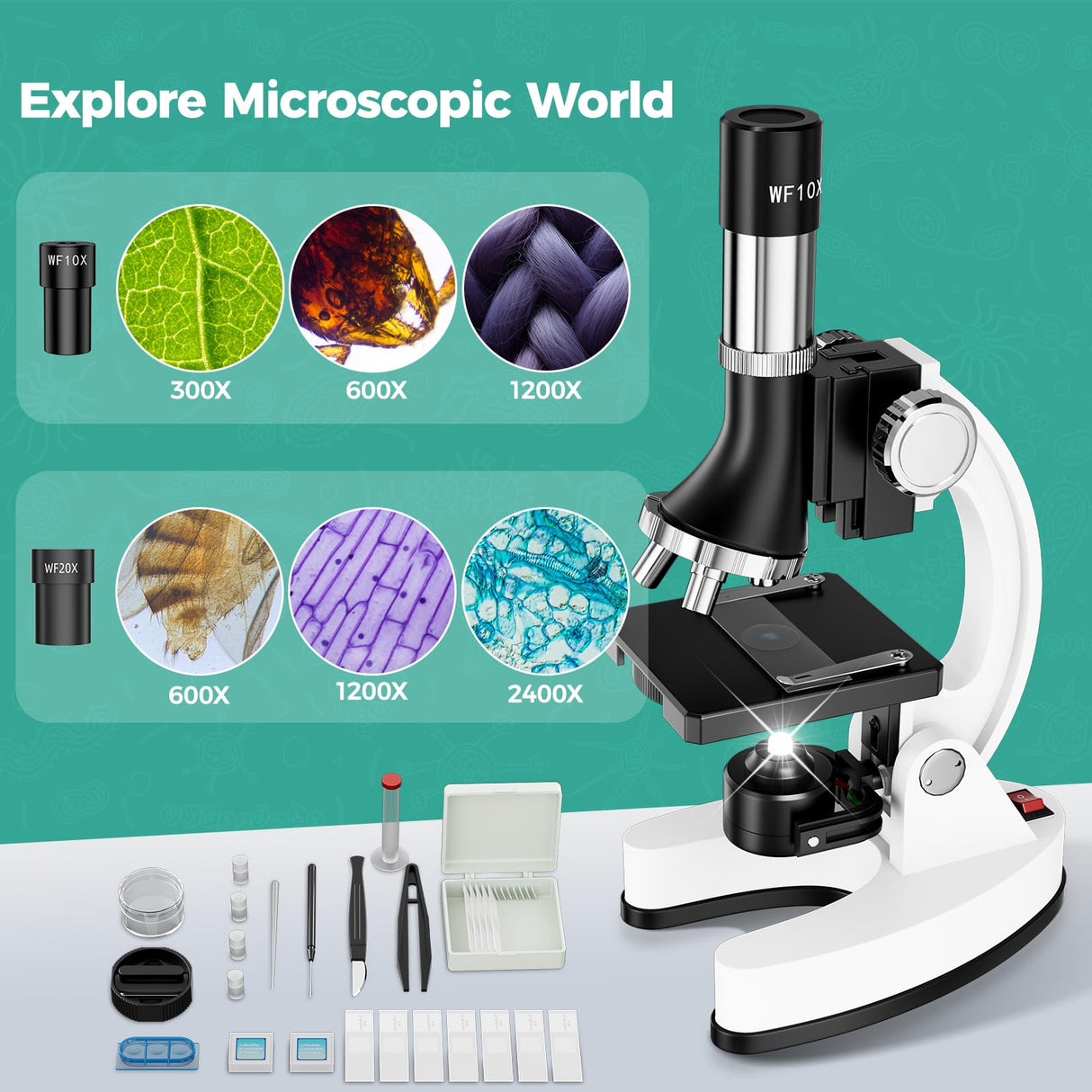 1200X Kids Microscope Science Kit - Handheld Microscope for Kids with Prepared Slides Metal Body LED Light Carrying Box Educational Compound Toy Set for Children Ages 8-12 5 Year Old Boys & Girls Gift USCAMEL