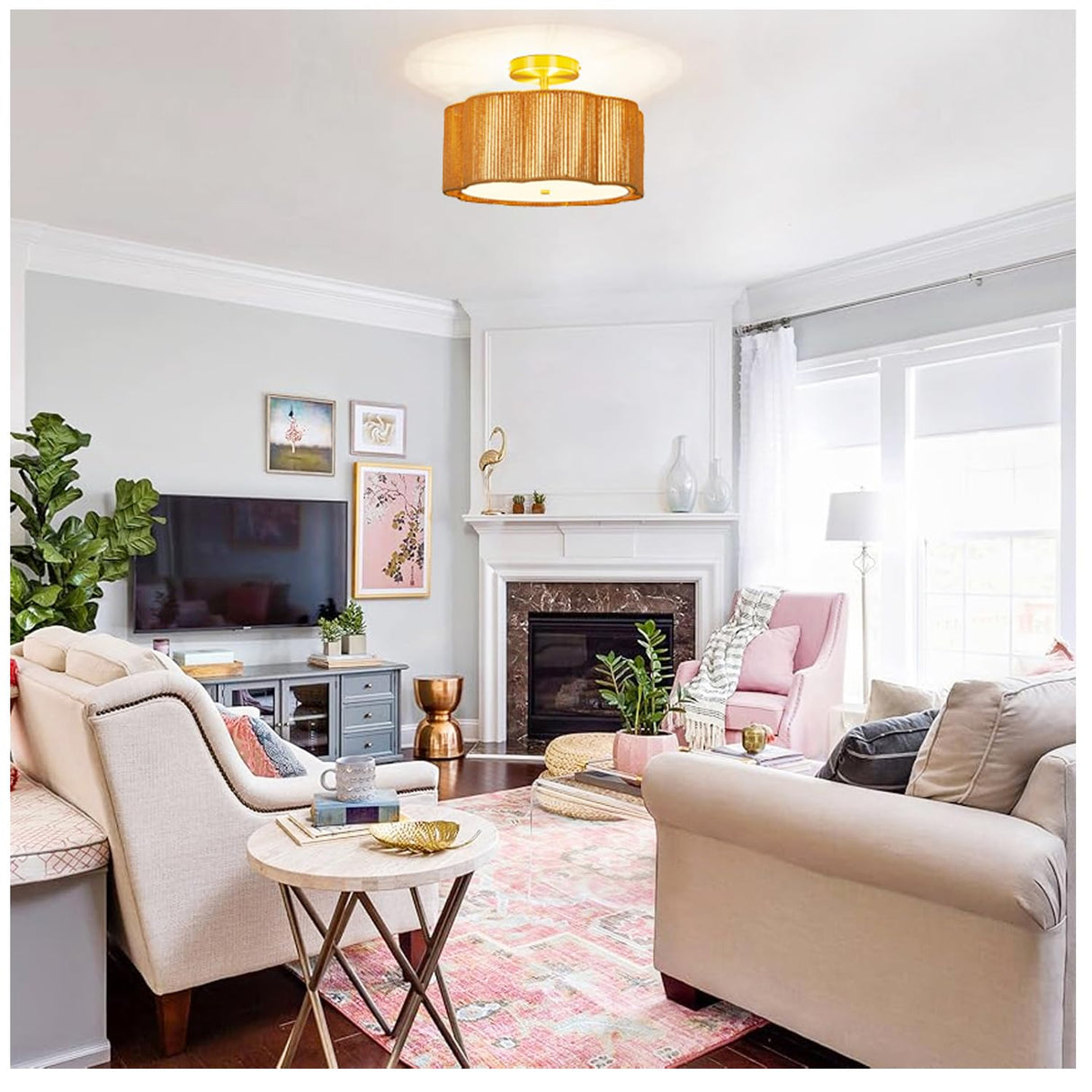Rattan Ceiling Light Fixtures flush mount,Boho Ceiling Light,Semi Flush Mount Ceiling Light,Small Rattan chandelier for bedroom,Nursery Light Fixture,Drum Light Fixture,Rattan Mini Chandelier Jolydoly