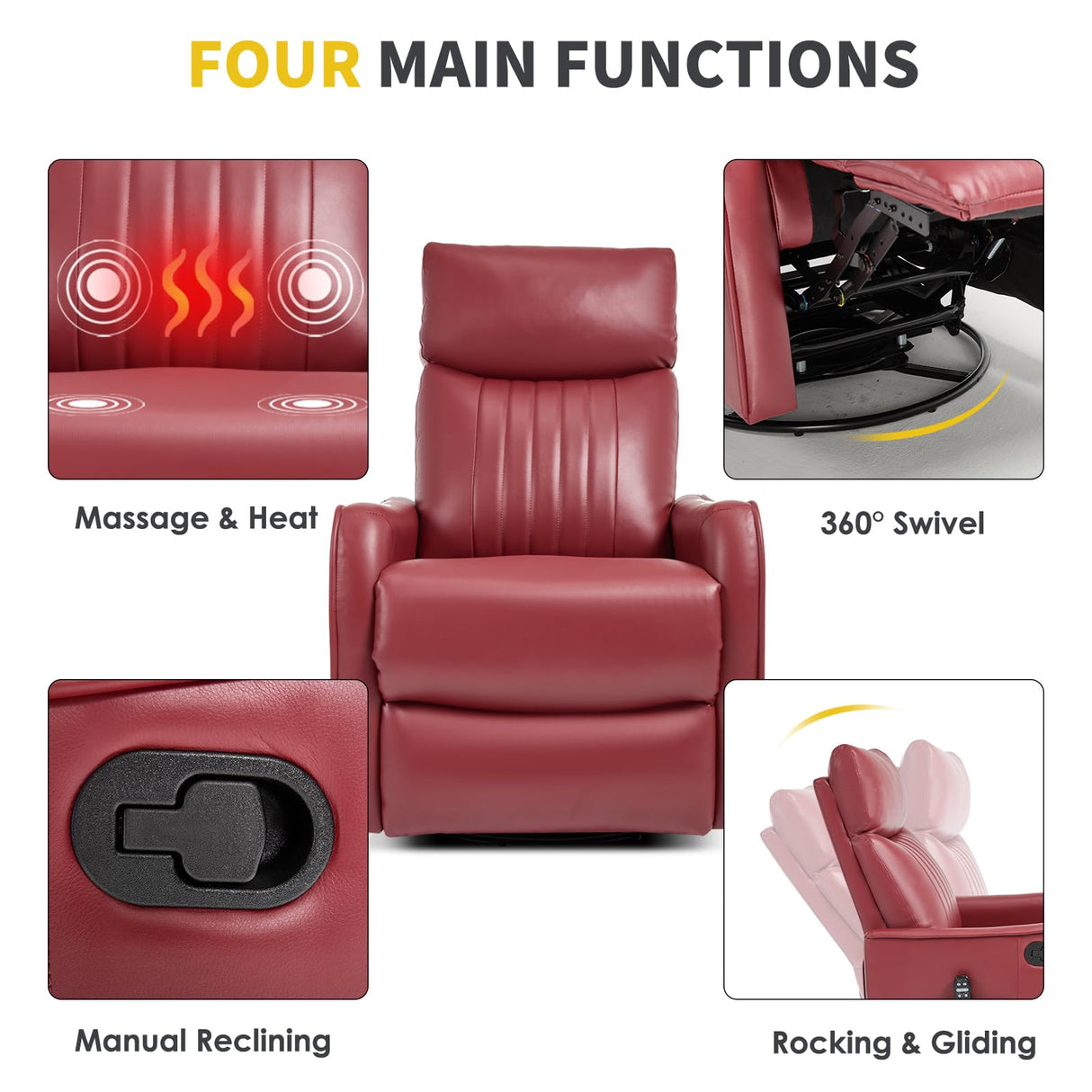 Trustyue Swivel Rocker Recliner Chair, 360° Swivel Recliner with Heat and Massage, Rocker Recliner Nursery Glider Chair with Side Pockets for Living Room (Red, Faux Leather) Trustyue