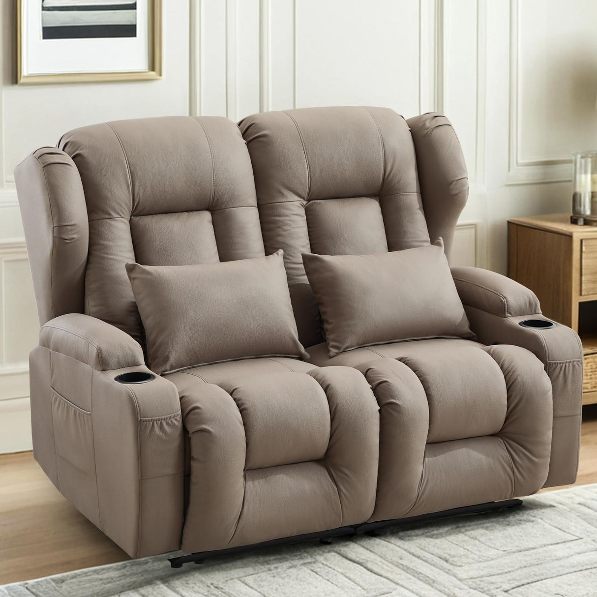 RV Loveseat Recliner Sofa,Reclining Loveseat Sofa Wall Hugger Recliners for Small Spaces, Double Manual Recliner Couches with Cup Holders for Living Room Furniture(Khaki, Loveseat) Generic