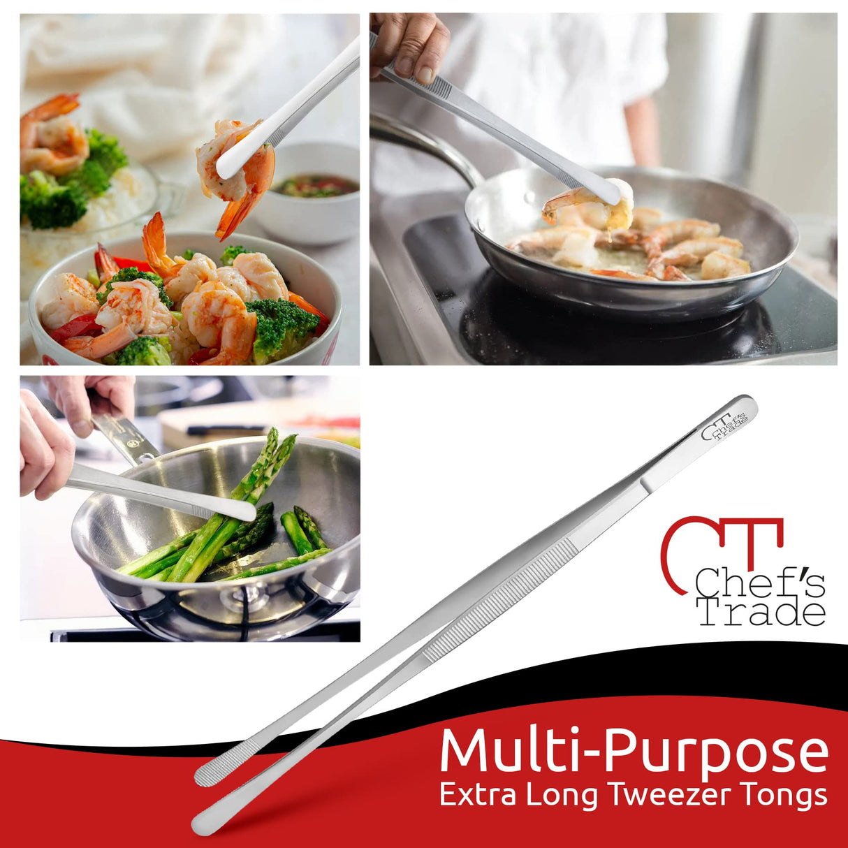 Chef's Trade Professional Kitchen & Cooking Tweezers/Tongs 12" Stainless Steel Multi-Use CHEF'S TRADE