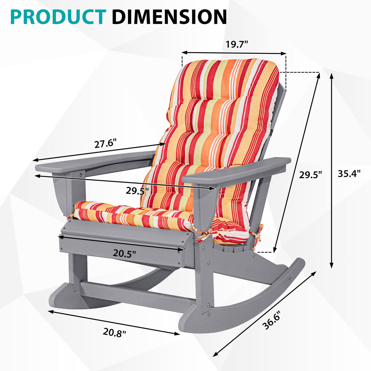 Sundale Outdoor Adirondack Rocking Chair with Cushion, HDPE Patio Plastic All Weather Adirondack Rocker, Water Resistant for Outside, Garden, Pool, Yard, Grey Sundale Outdoor