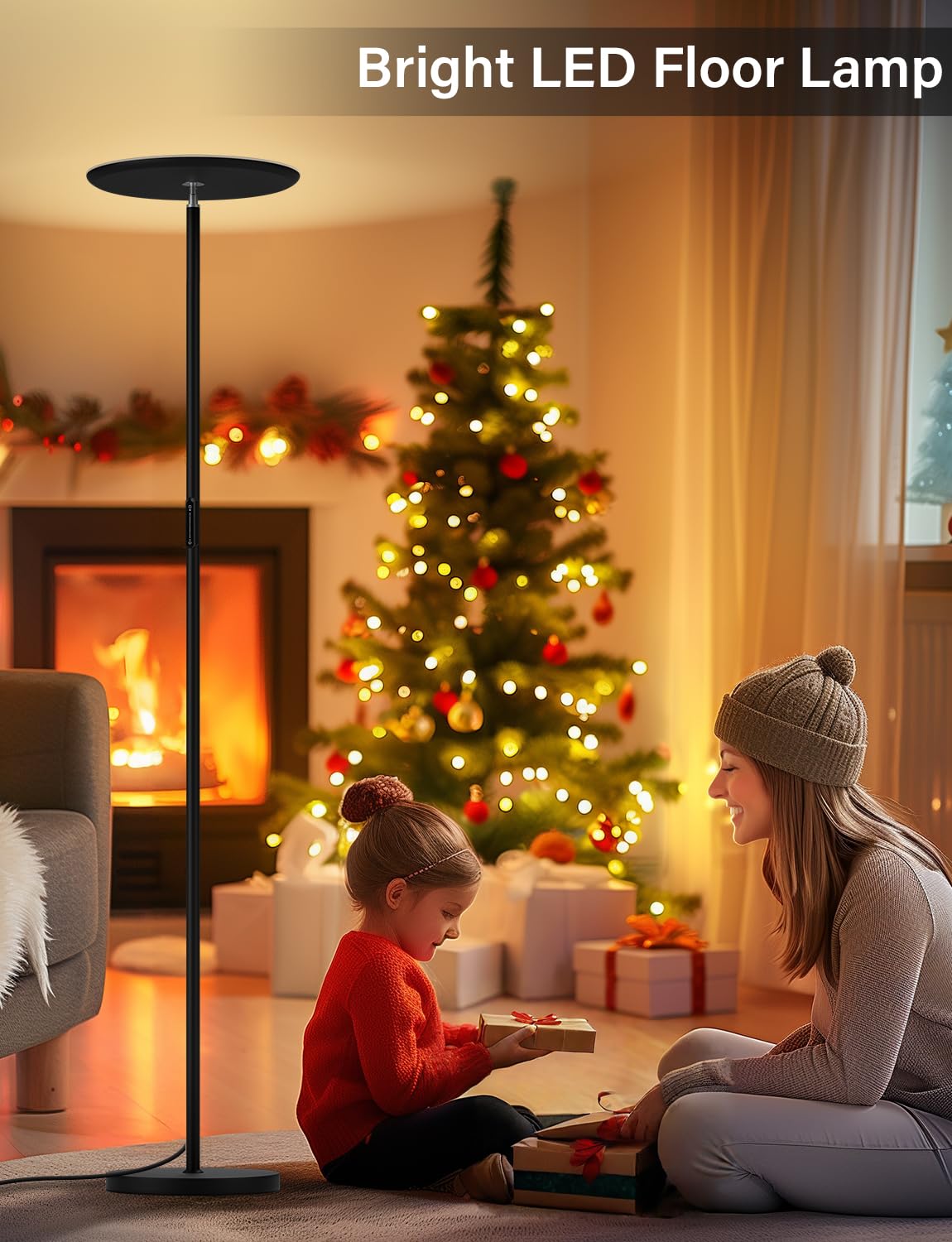 PreeOtti Modern LED Floor Lamp - Remote & Touch Control, 40W/2400LM Sky Torchiere Standing Lamp, Fully Dimmable, 3 Color Temperatures, Ideal for Living Room & Bedroom, Easy to Assemble PreeOtti