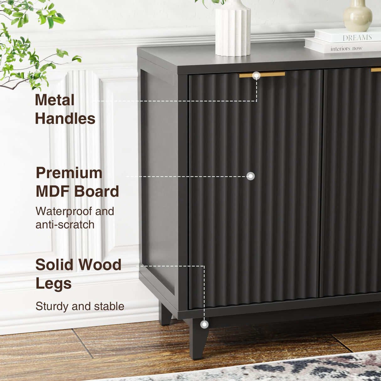 Fluted Cabinet with Storage, 2 Doors Sideboard Buffet, Mid Century Modern Accent Cabinet with Adjustable Shelves, Multifunctional Console Table with Storage for Living Room, Kitchen, Entryway FiveWillowise