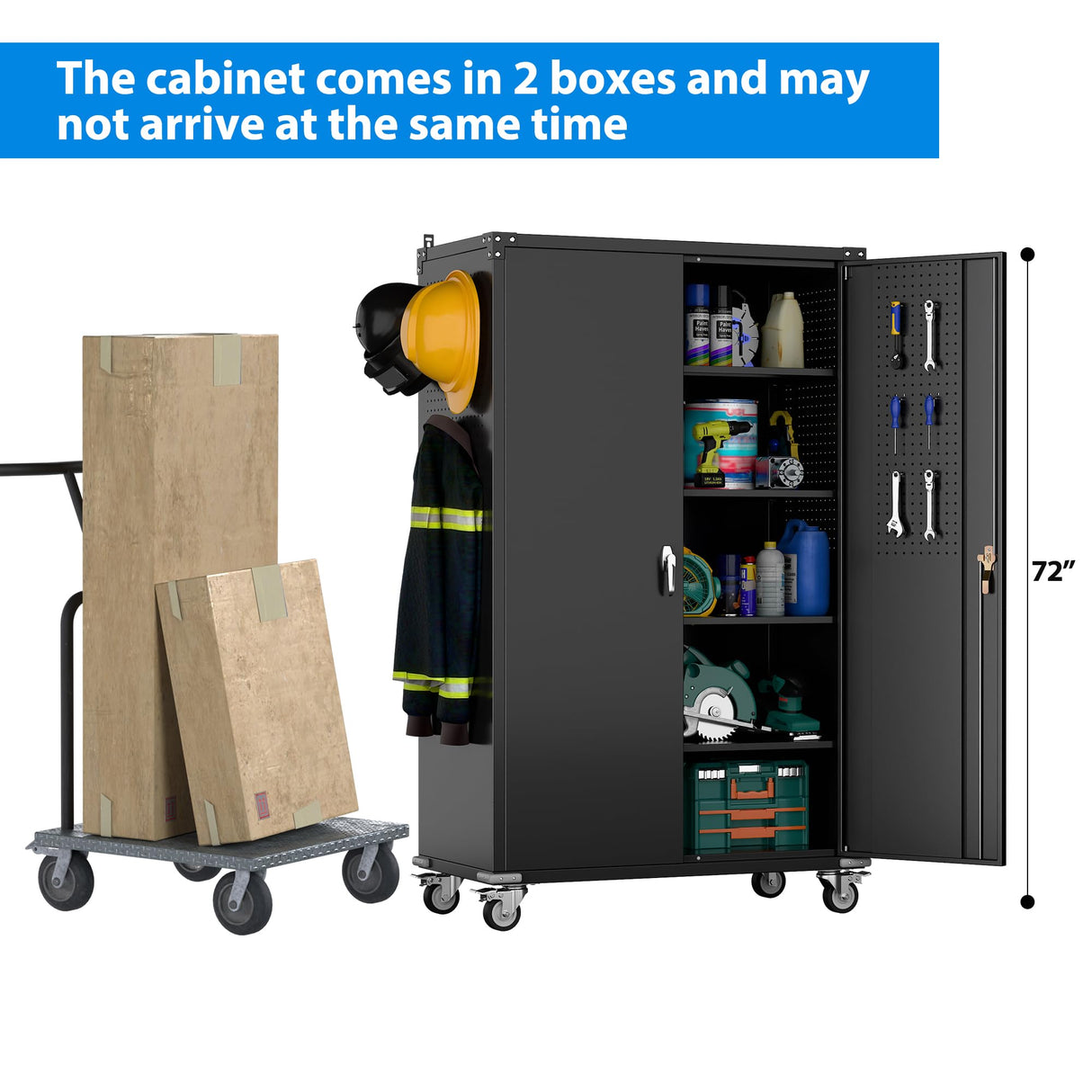 2025 Upgraded Wide & Deep Garage Storage Cabinet with Wheels, Lockable Metal Storage Cabinet with Pegboards and 9 Hooks, 2 Tool Pouches for Garage,4 Adjustable Shelves (Black,43''W x 22''D x 72''H) SUXXAN