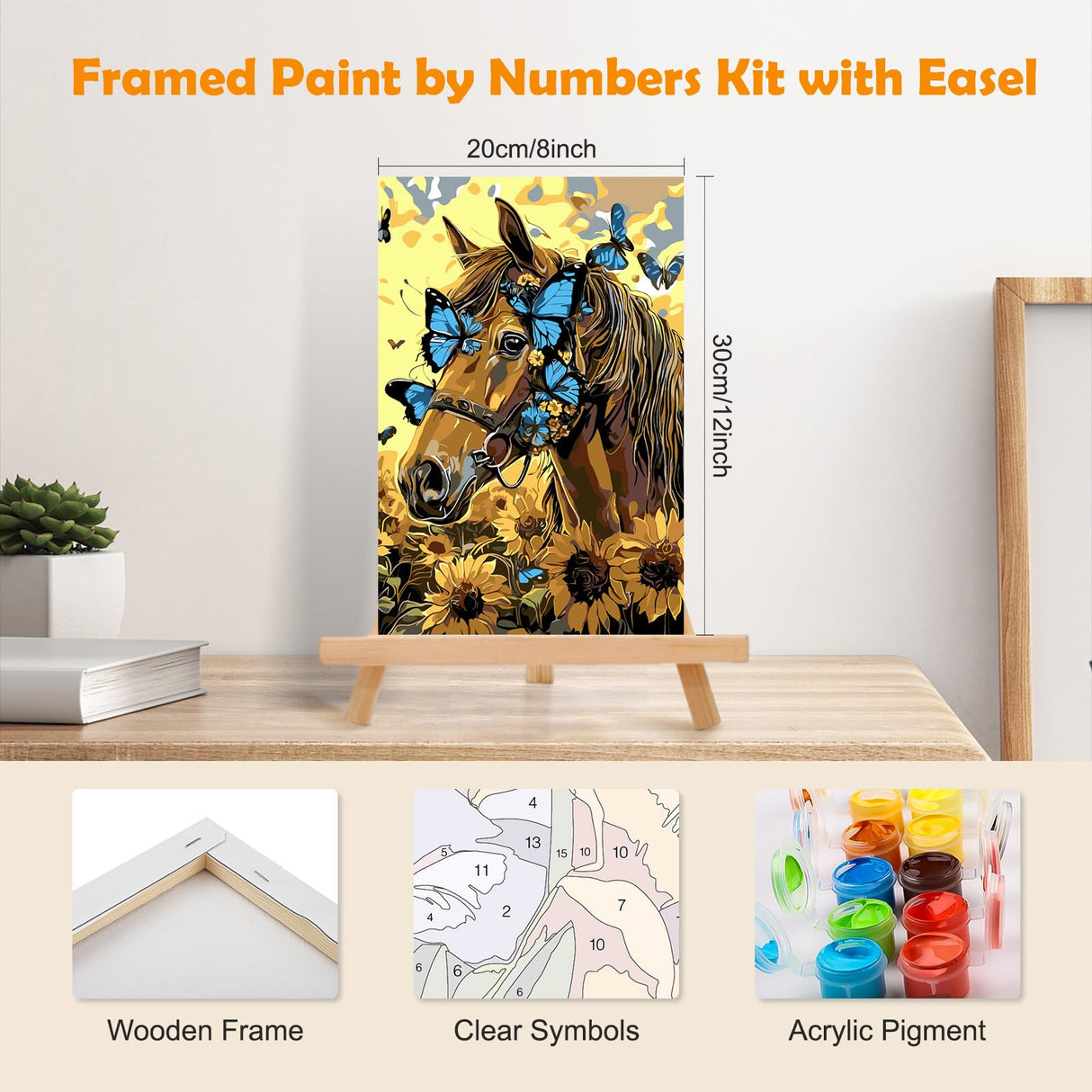 MOGTAA Horse Paint by Numbers Kit for Adults Beginners with Frame, Flowers Adult Paint by Number Kits on Canvas with Easel, Easy DIY Butterfly Oil Painting Kits for Home Decor, 8x12in MOGTAA