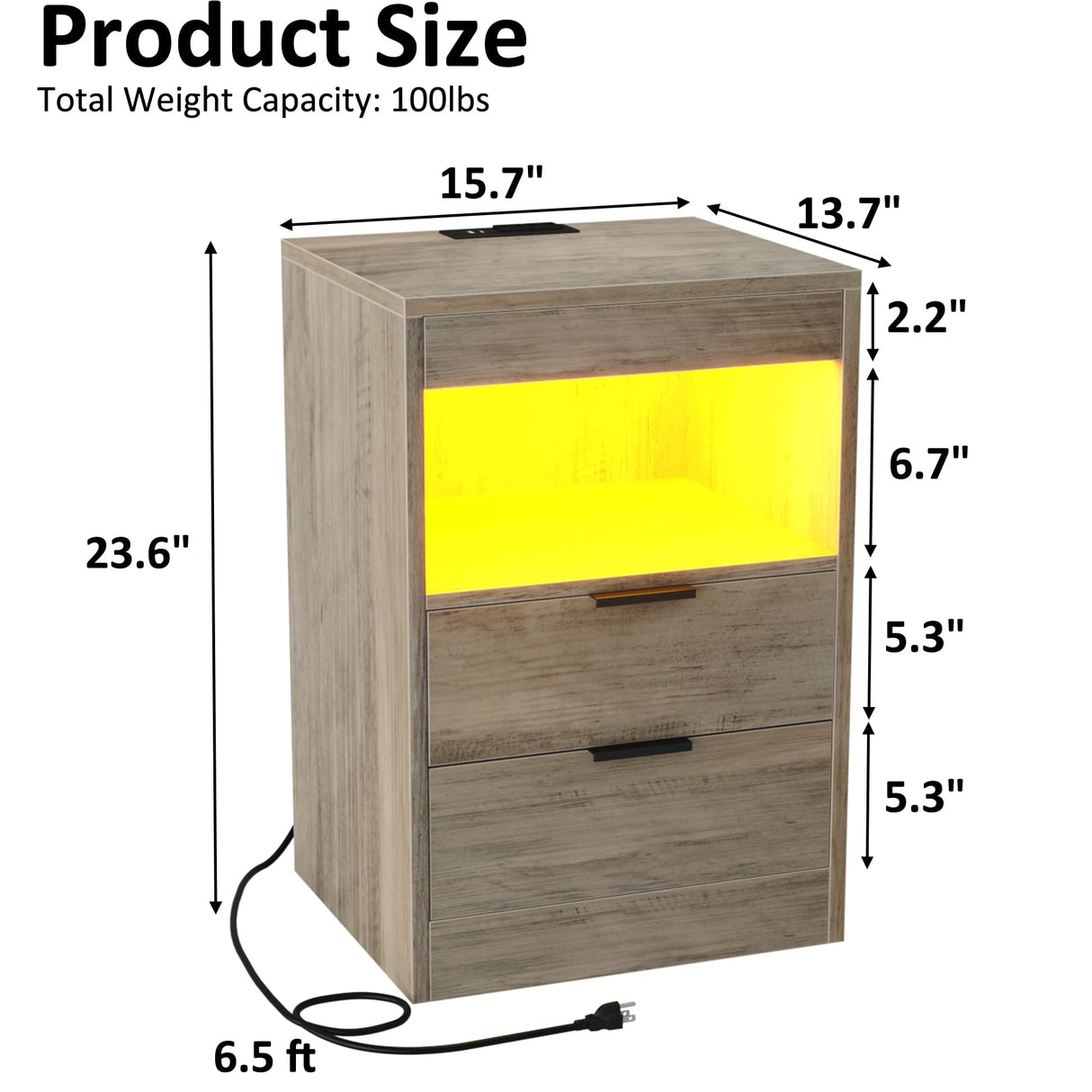 Gadroad LED Nightstand with Charging Station, Bedside Table with 3 Drawers and LED Lights, End Table Sofa Couch Side Table with Pull-Out Shelf, Grey Gadroad
