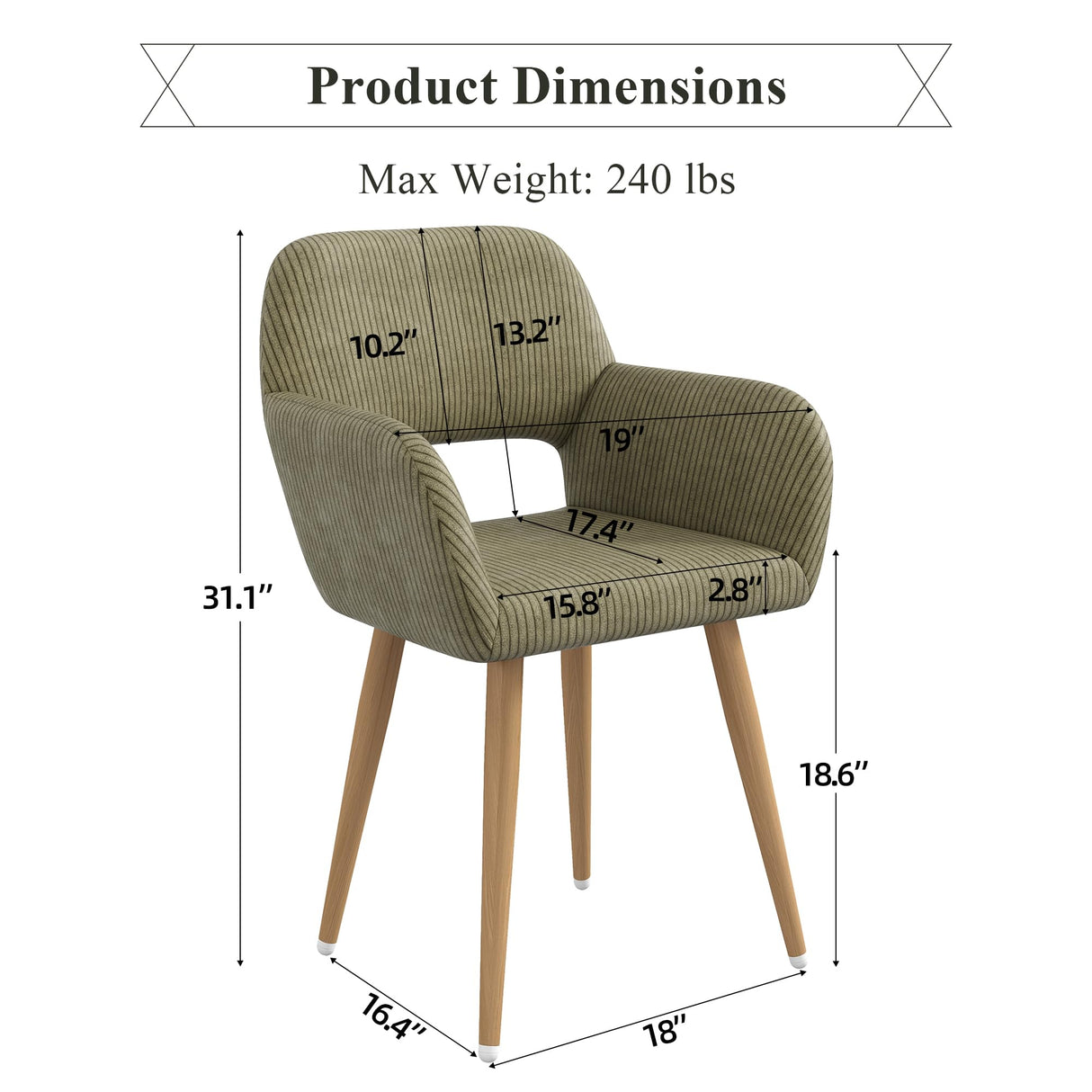 GOOLON Home Office Desk Chair Set of 1, Corduroy Fabric Vanity Chair for Makeup with Hollow Backrest, Comfy Armchair Wood Frame with Strudy Metal Legs, Dark Green GOOLON