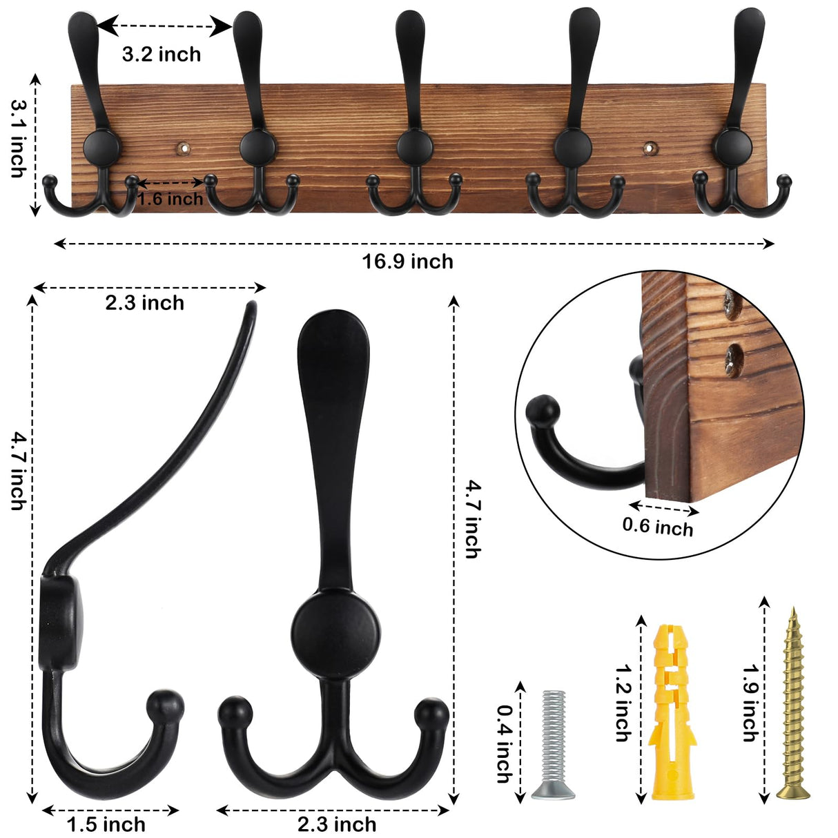 Kuhome Coat Rack Wall Mount Wooden Hat Rack for Wall Hooks Pine Real Wood Plank 16.9" Brown Coat Hanger with 5 Triple Hooks for Hanging Coat Hat Jacket Kuhome