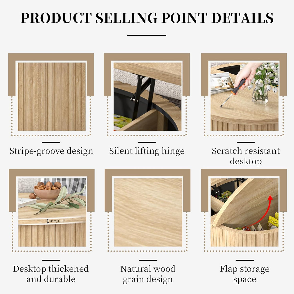 Fsbecl Round Fluted Lift Top Coffee Table with Storage, 34.6'' Farmhouse Round Coffee Tables for Living Room, Circle Wood Accent Center Table for Home, Office, Cafe (Wood Color) Fsbecl