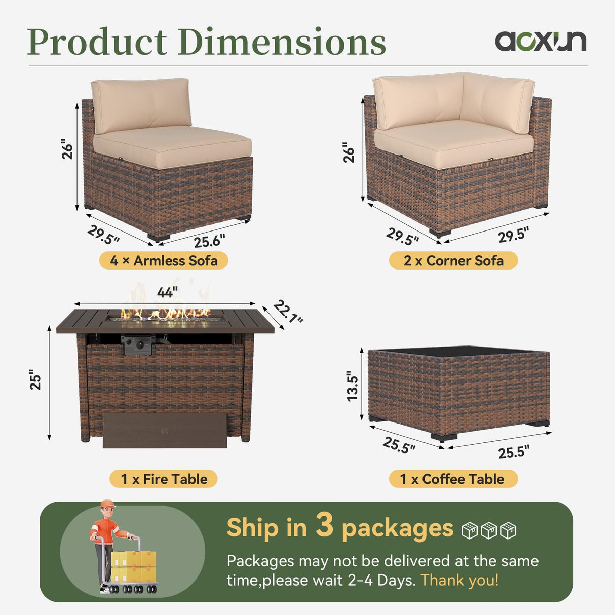 Aoxun 8 Piece Patio Furniture Set with 44” Fire Pit Table Wicker Rattan Outdoor Sectional Sofa Set with Coffee Table and Thickened Cushions, Beige (Waterproof Cover Included) Aoxun