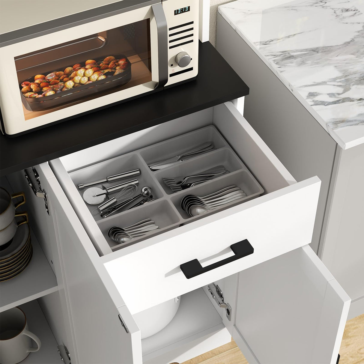 71’’ Farmhouse Kitchen Pantry Cabinet, Tall Kitchen Storage Cabinet with Power Outlet, Freestanding Kitchen Hutch Cabinet with Drawer, 4 Adjustable Shelf & 6 Doors for Kitchen Living Room (White) Gyfimoie