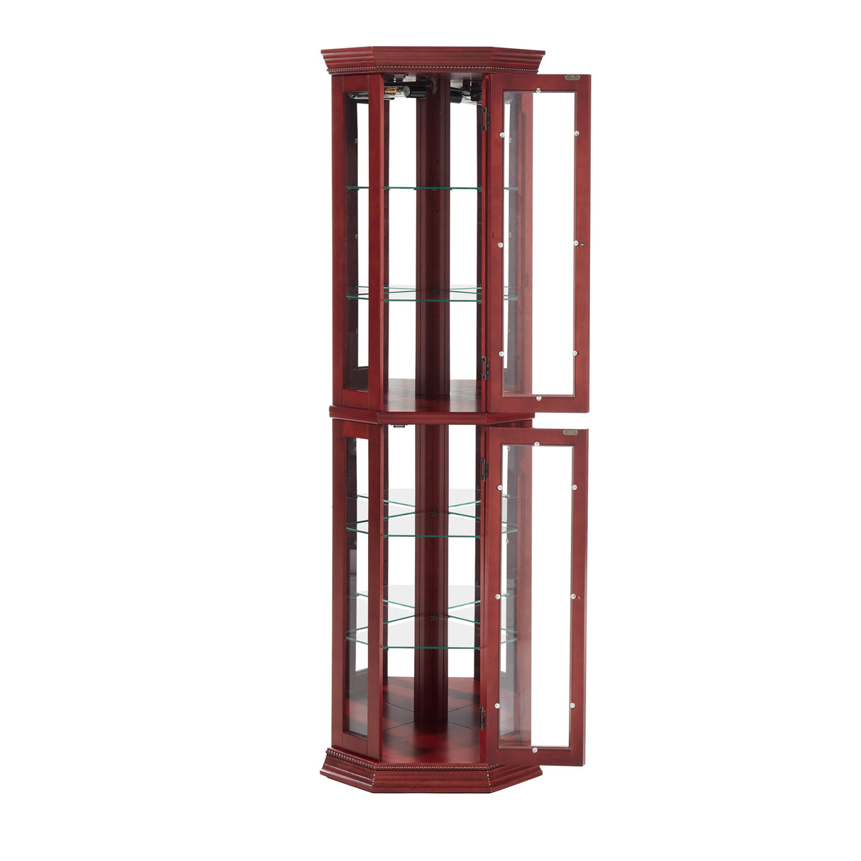 lunhung lighted Corner Display Curio Cabinet with Adjustable Glass Shelves, 69"H Wooden Curved Shelving Unit with Tempered Glass Door,Bar and Liquor Storage Area with 6 Shelves for Living Room(Cherry) lunhung
