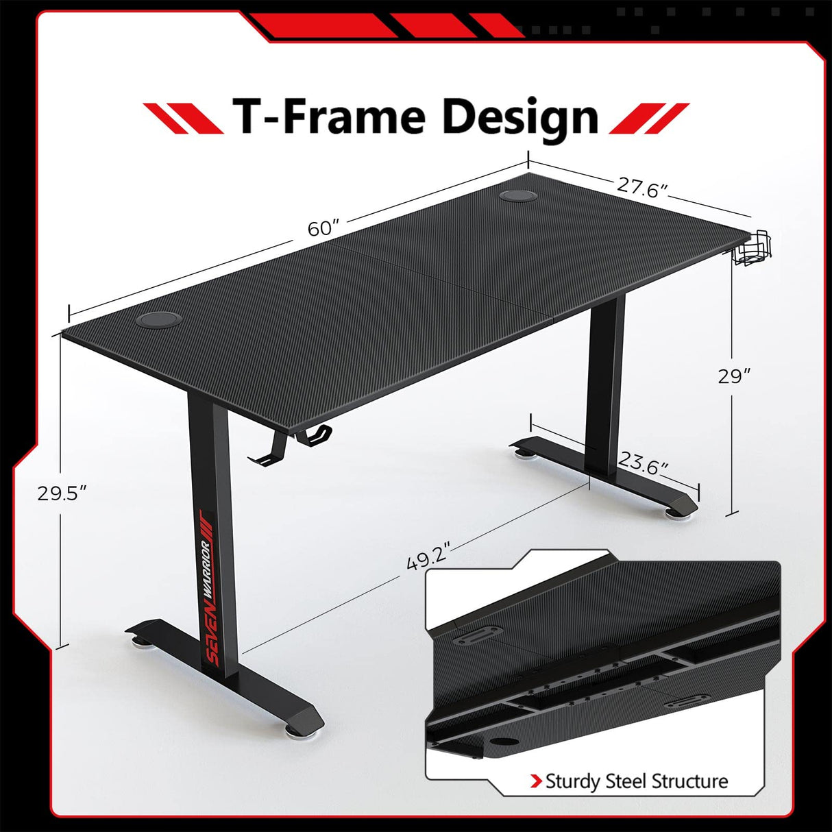 SEVEN WARRIOR Gaming Desk 60 INCH, T- Shaped Carbon Fiber Surface Computer Desk with Full Desk Mouse Pad, Ergonomic E-Sport Style Gamer Desk with Double Headphone Hook, USB Gaming Rack, Cup Holder SEVEN WARRIOR