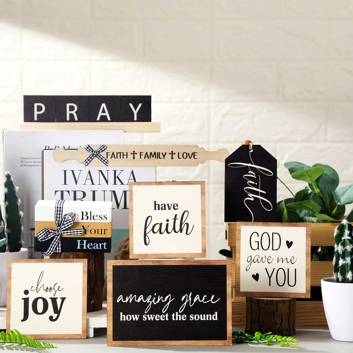 Tatuo 13 Pcs Religious Tiered Tray Decor Set Faith Wooden Table Decor Christian Farmhouse Decorations Rustic Faith Pray Cross Wood Block Signs for Home Church Tabletop Centerpieces Easter Decor Tatuo