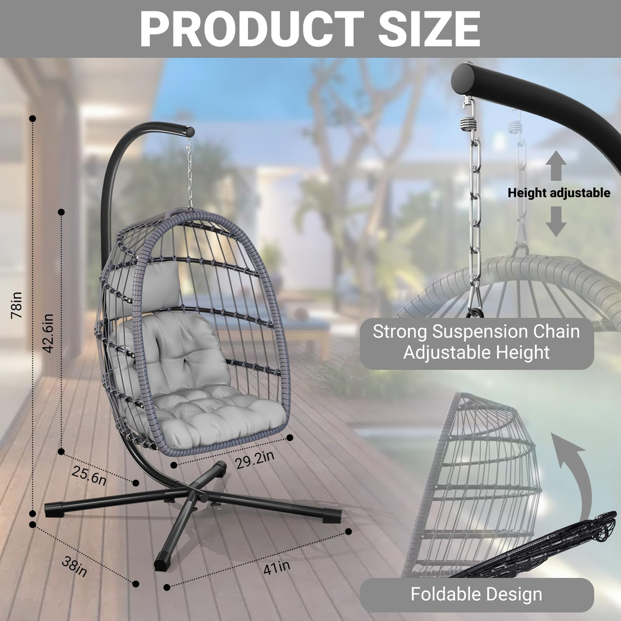 CHABATREE Egg Chair with Stand,Patio Rattan Wicker Hanging Swing Egg Chair Hammock Chair for Bedroom Porch Garden,Thickened Aluminum Alloy Steel Frame and UV Resistant Cushion,350LBS Capacity CHABATREE