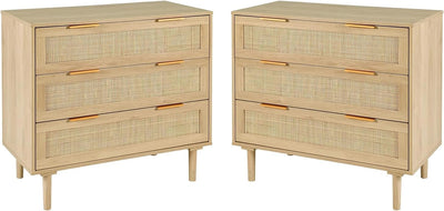 HOPUBUY Large Nightstand Set of 2 with Rattan Drawer, Modern 3 Drawer Night Stand for Bedroom, Wooden Bedside Table for Queen Size and King Size Bed,Oak