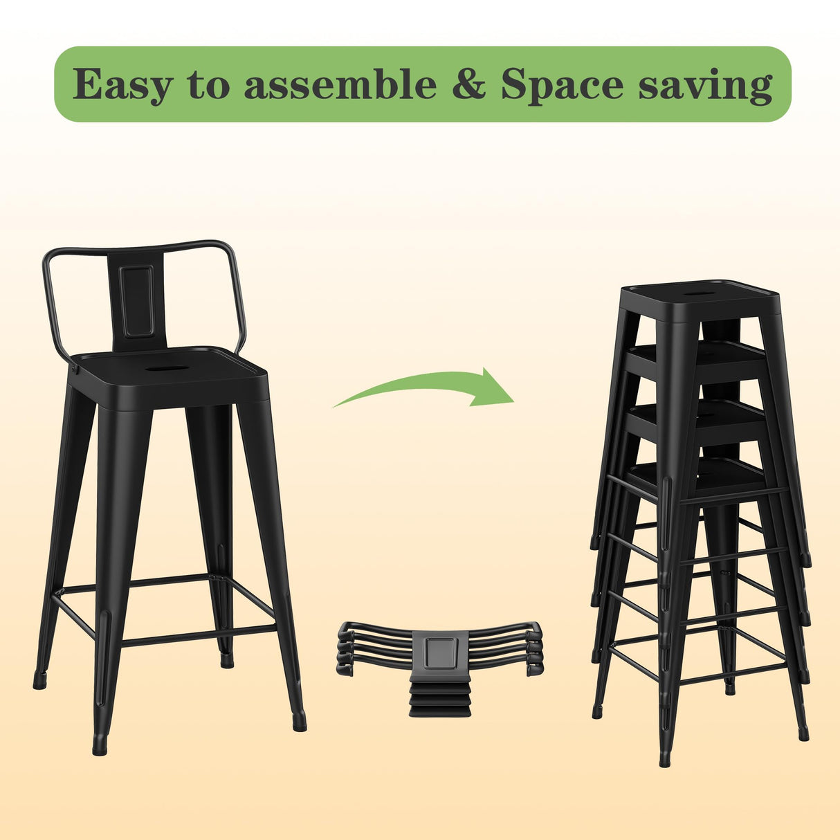 Arlunar home Metal Bar Stools Set of 4 Barstools Indoor/Outdoor Counter Height Bar Stools Bar Chairswith Back Counter Height for Kitchen Island Dining Room (Black, 26inch) Arlunar home