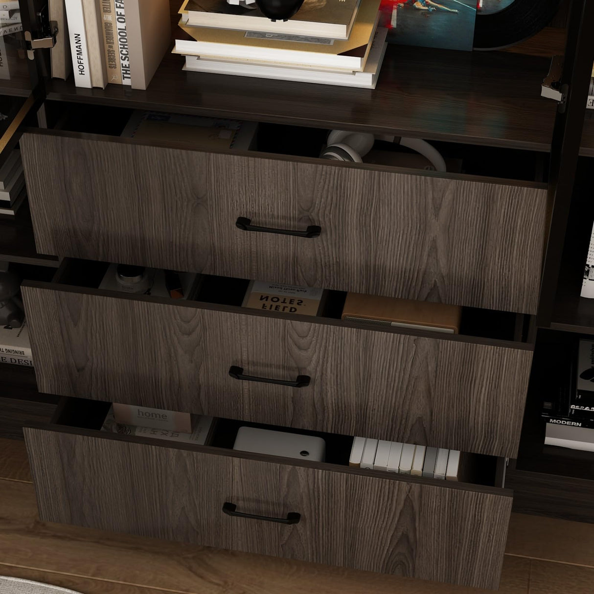 FAMAPY Display Cabinet with Glass Doors & Lights, Display Case with Adjusatble Shelves & 3 Drawers, for Curio Trophy Living Room Home Office, Brown, 15.7”D x 63”W x 78.7”H FAMAPY