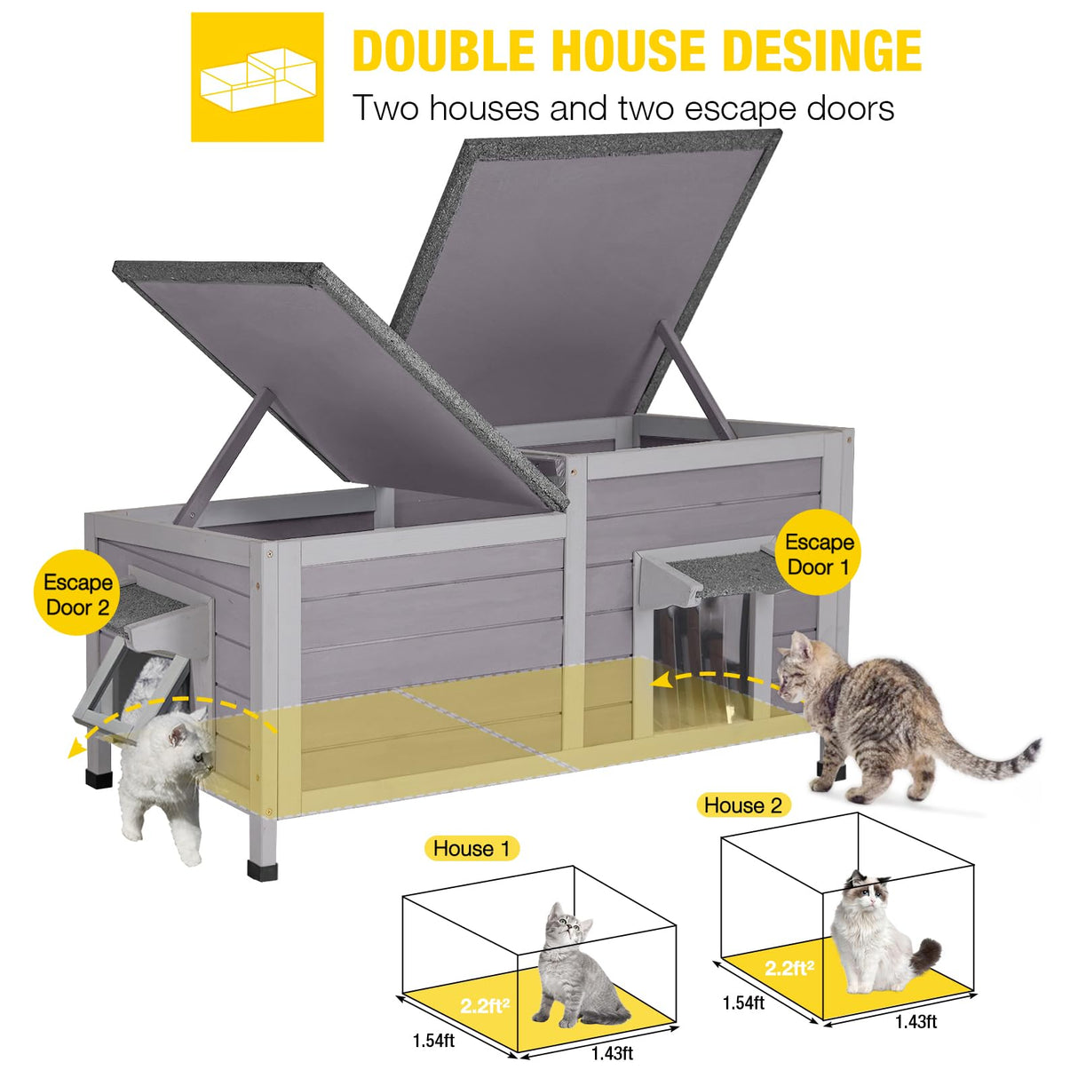 Aivituvin Cat House Outdoor Feral Cat Shelter Weatherproof Cat Condo for Winter Double Rooms Kitty Cage Aivituvin