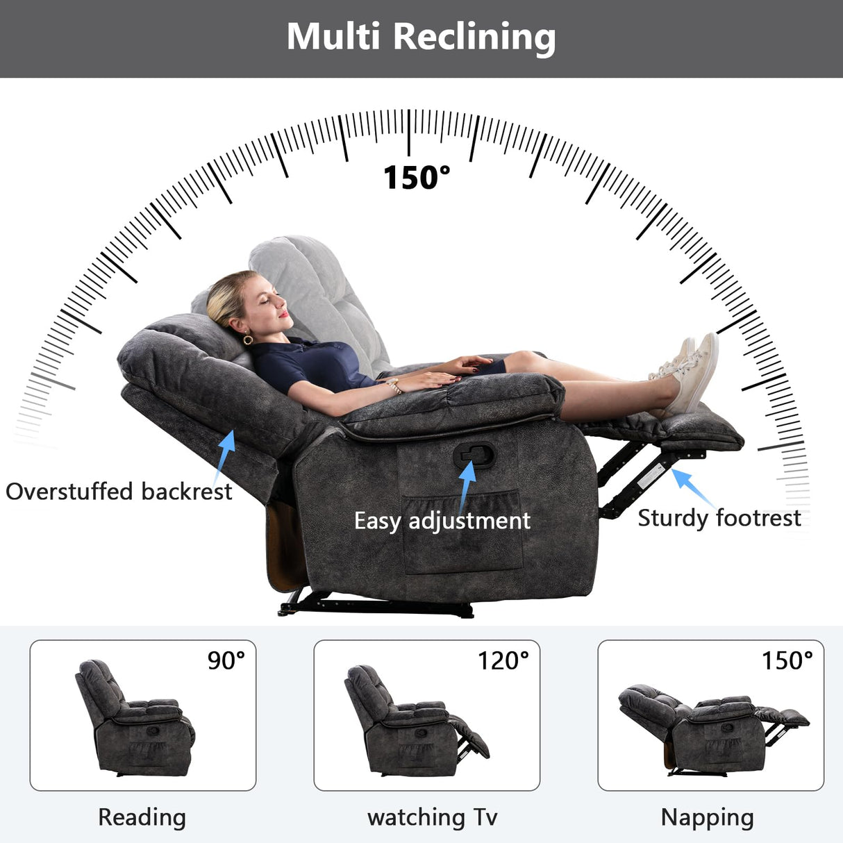 ANJHOME Massage Recliner Chairs with Heat and Vibration,Overstuffed Manual Rocking Reclining Chair for Living Room Bedroom (Grey) ANJ