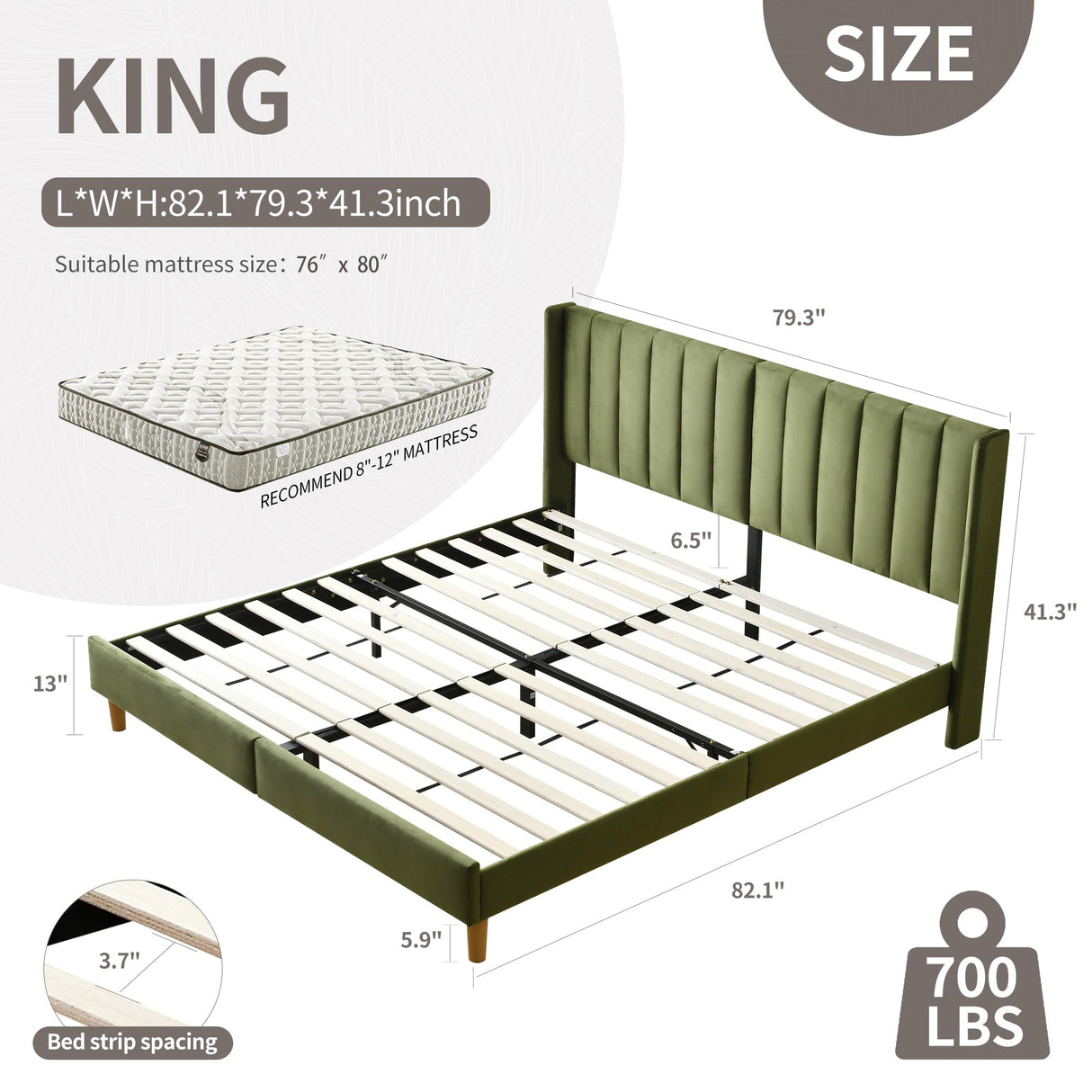 YUHUASHI upholstered Platform Bed Frame/King Bed Frame/Modern Geometric Double-Wing Design headboard/Velvet Fabric/Easy to Assemble no Noise (Grass Green, King (U.S. Standard)) YUHUASHI