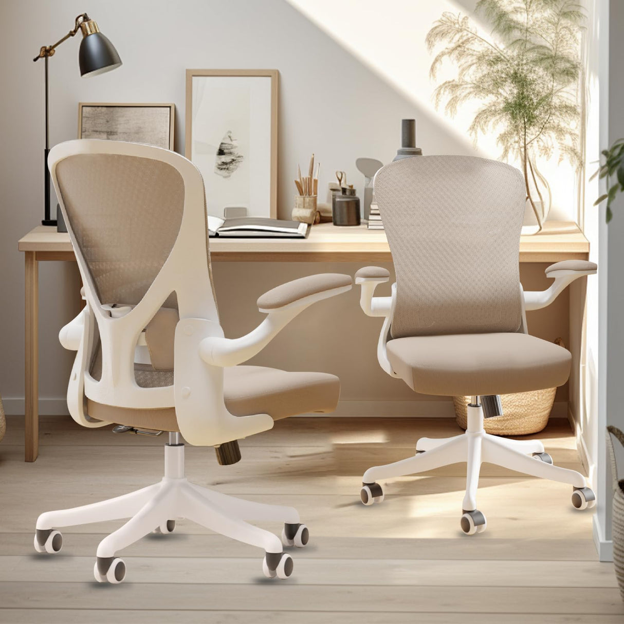 SICHY AGE Office Chair, Ergonomic Desk Chair with Flip-Armrest & Cushion for Lumbar Support, Mid Back Computer Chair with Thickened Cushion, Desk Chair Comfy with Wheels for Study and Work, Khaki SICHY AGE