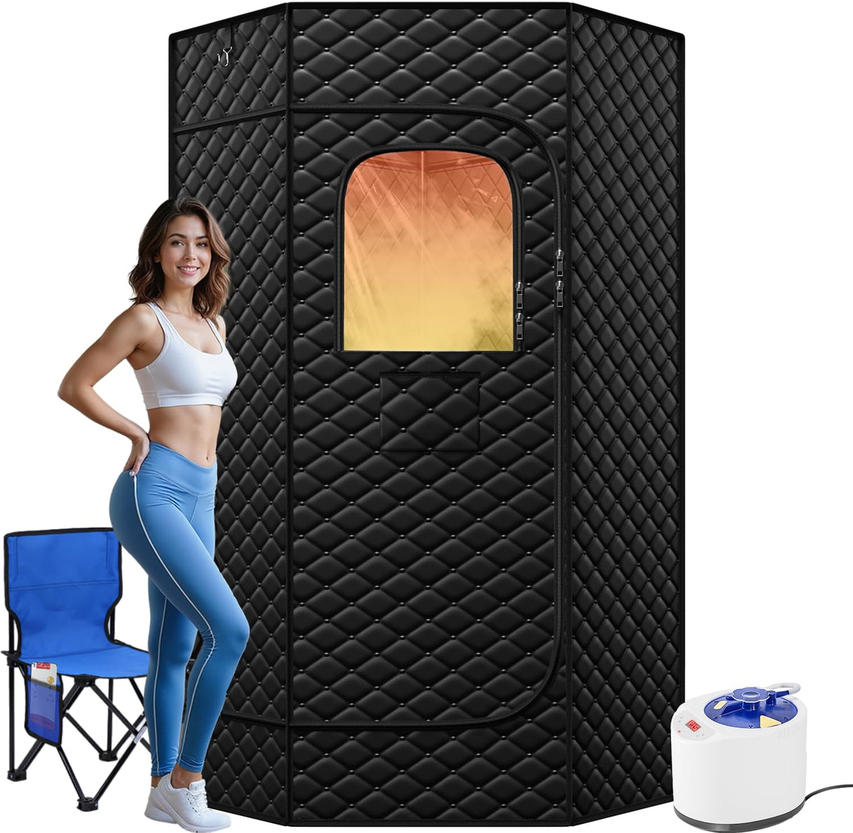Portable Sauna Box for Home, Personal Steam Nurecover Saunas Tent at Home Use, ๐๐๐๐๐ ๐๐ Steamer, Pentagon Design with Higher Temperature & Lager Space 2.9โ x 3.9โ x 5.9โ, Black Tehanld