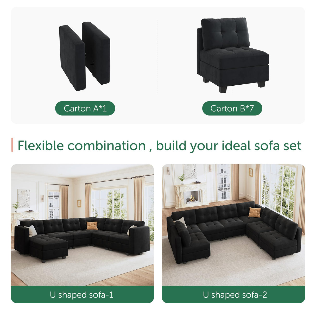 HONBAY Modular Sectional Sofa Oversized U Shaped Couch with Storage Seat Velvet 7-Seat Modular Sofa with Reversible Chaises,Velvet Black HONBAY