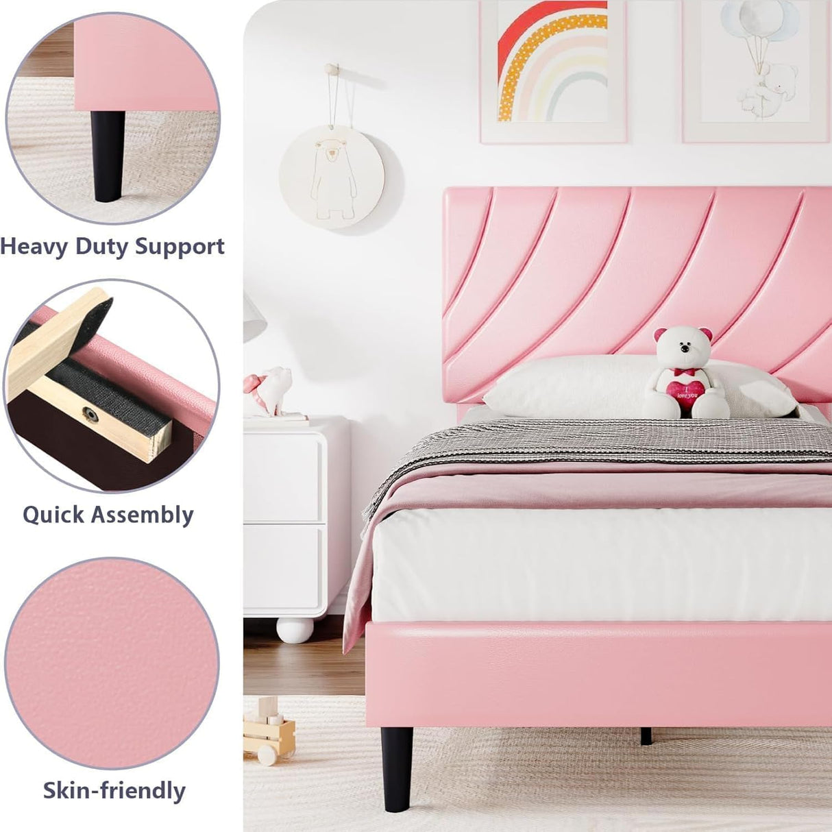 HOMBCK Twin Bed Frames/Faux Leather Upholstered Platform Bed with Headboard/Strong Wooden Slats/No Box Spring Needed/Easy Assembly/Pink HOMBCK