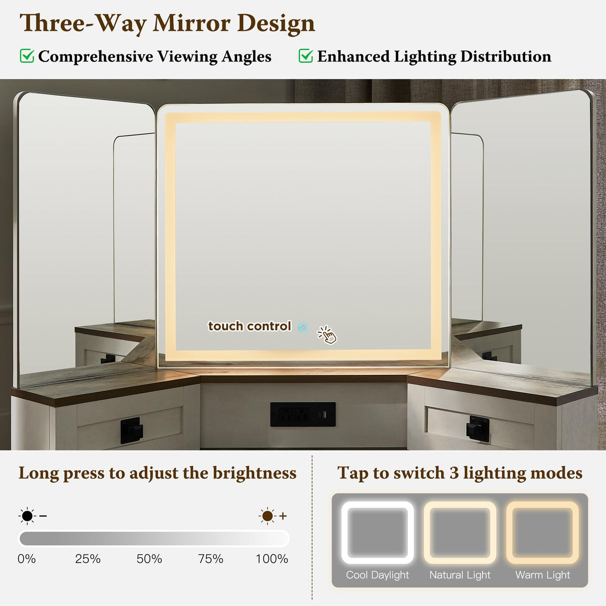 T4TREAM 48" Corner Vanity Desk with 3 Way Mirror and Lights, Farmhouse Makeup Vanity with Charging Station & Glass Top, Dressing Table with 3 Drawers, 2 Cabinets & Adjustable Shelves (Antique White) T4TREAM