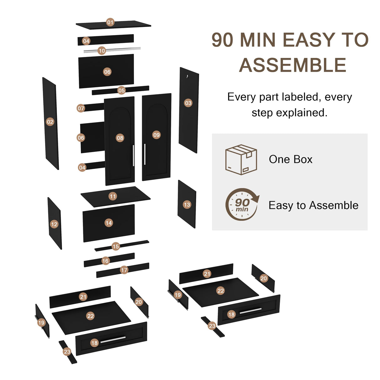 Einhomn Wooden Armoire Wardrobe Closet with 2 Doors and 2 Drawers,Freestanding Armoire Storage Cabinet with Shelves,Tall Clothing Storage Cabinet Suitable for Bedroom,Black Einhomn