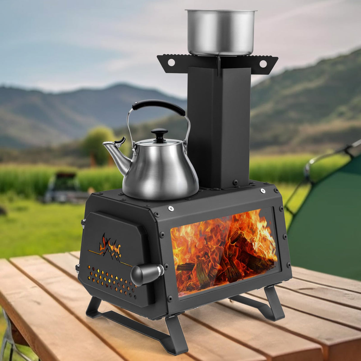 Giantex Portable Camping Wood Stove - Mini Wood Burning Stove w/ 2 Cooking Positions, Anti-scalding Door Handle & Heat Resistant Glass Window, Tabletop Fire Pit Stove for Outdoor Cooking & Heating Giantex