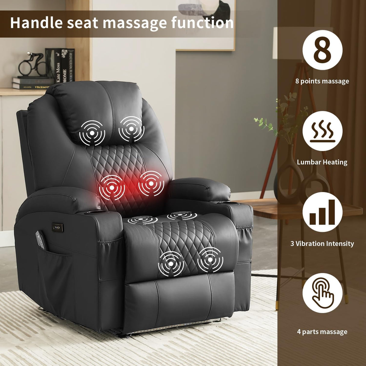 AHMED Power Recliner Chair, Home Theater Seating with LED Ambient Lighting, PU Leather Lazy Sofa Heat Massage Chair with Cup Holders/Side Pockets/USB Ports for Living Room (Black, Single) AHMED