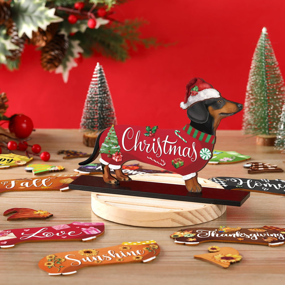 Anglechic 42 Pcs Interchangeable Christmas Dachshund Decor Holiday Seasonal Sign Wiener Dog Thanksgiving Tier Tray Decoration Farmhouse Wood Home Office Desk Accessory Welcome Ornament Pet Lover Gift Anglechic