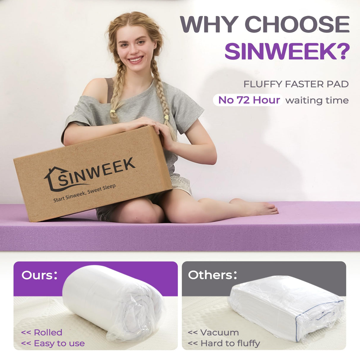 SINWEEK Dual Layer 5 Inch Memory Foam Mattress Topper King Size, 3 Inch Gel Memory Foam Plus 2 Inch 1450 GSM Down Alternative Quilted Pillow Top Mattress Pad Cover, White SINWEEK