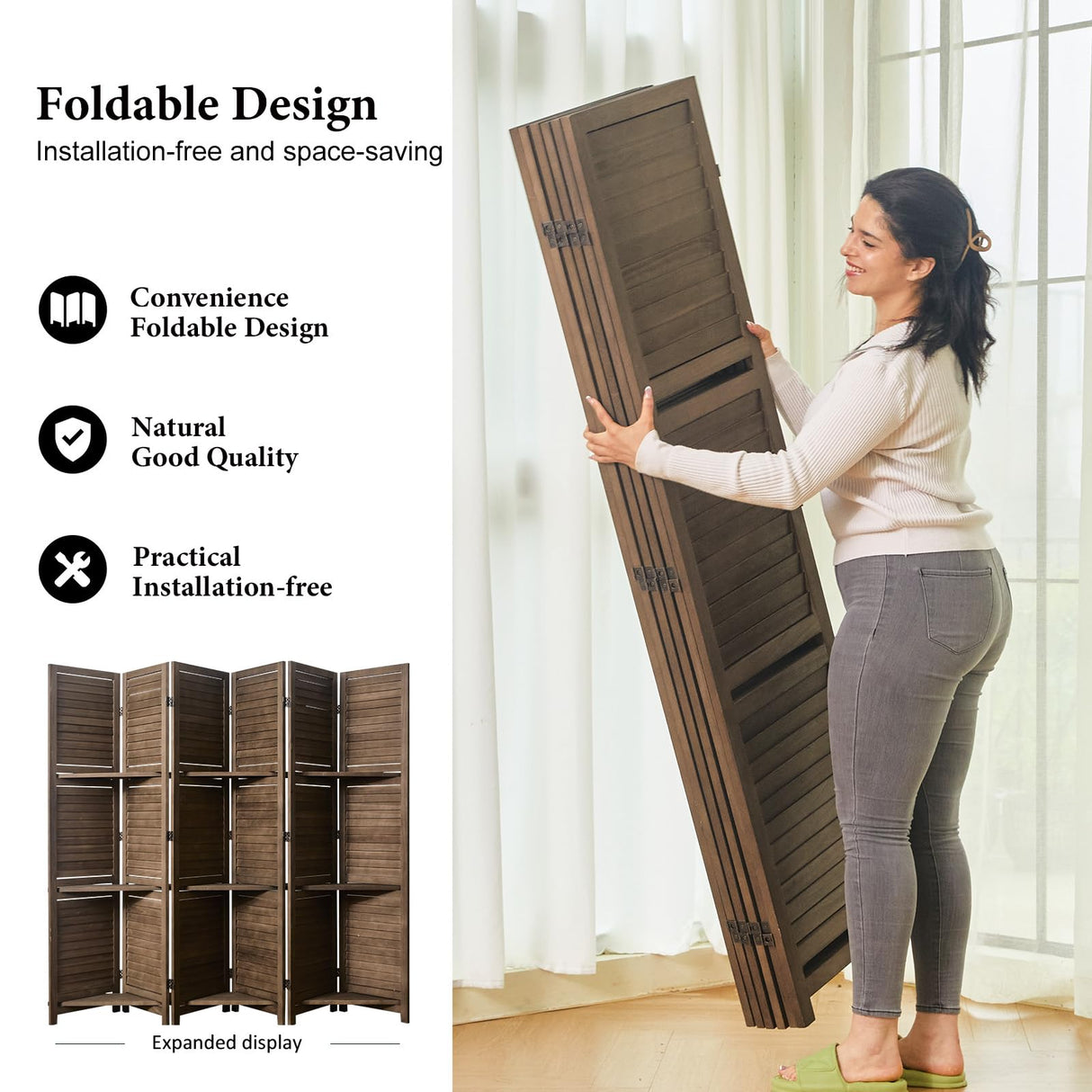 Partition Room Dividers, Folding Wood Privacy Screen with Three Display Shelves Suitable for Home Office, Study, Art Display - 6 Panel, 67 * 77inch (Brown) Svimi