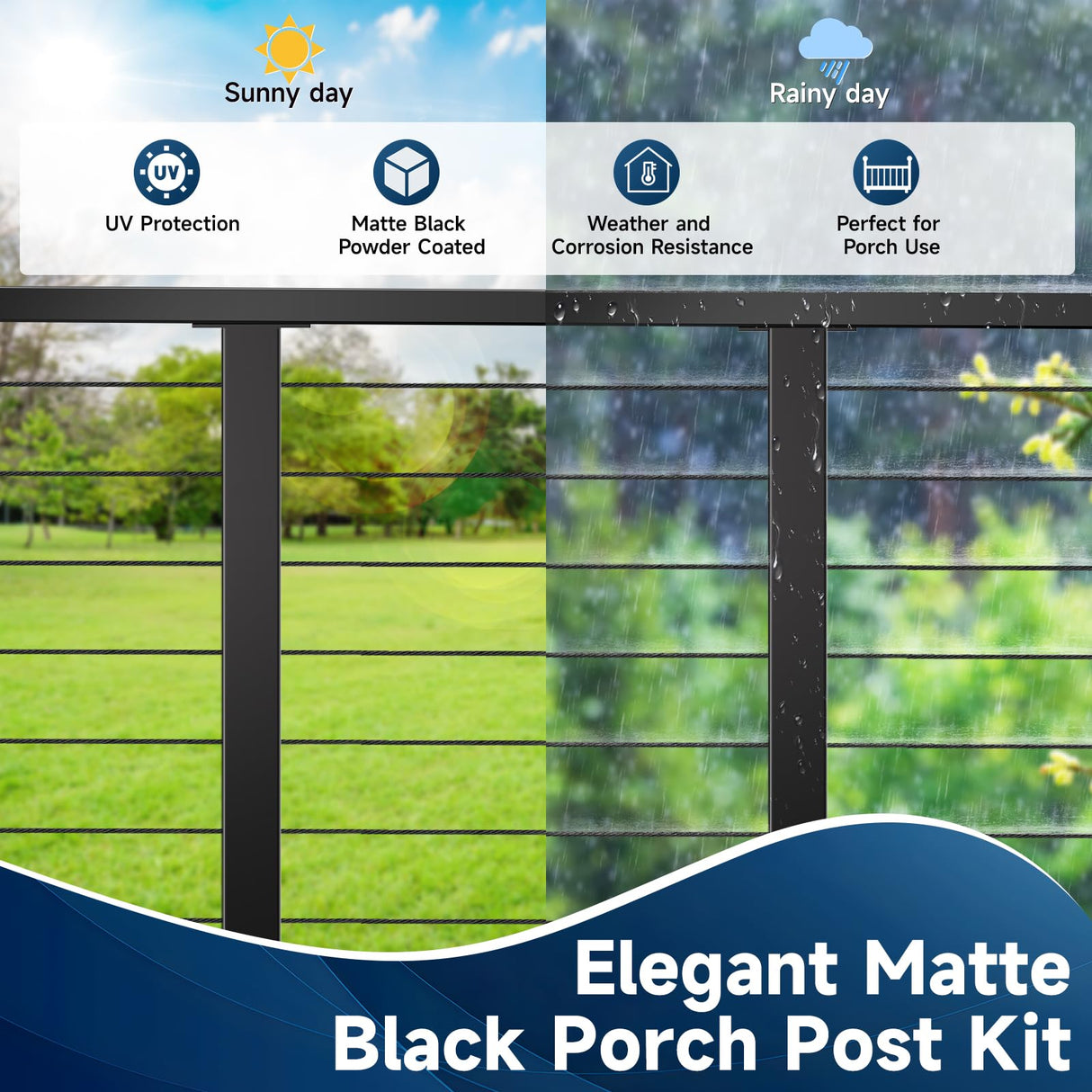 Gyykzz 2 Pack Porch Cable Railing Post Kits with Handed Thread Swage Lag Screws for Wood Post, 36" Black Stainless Steel Level Line Railing Post System, Fixed Top Complete Railing Kits for Wood Porch Gyykzz