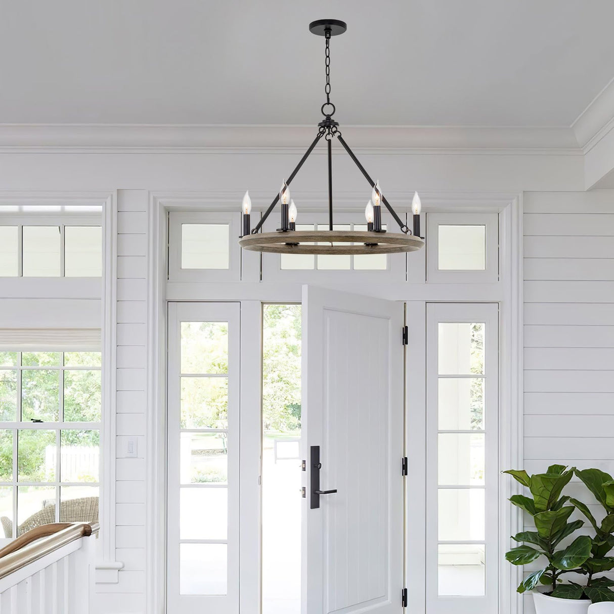 Kira Home Jericho 24" 6-Light Industrial Rustic Farmhouse Wagon Wheel Chandelier, Round Kitchen Island Light, Black + Gray Oak Wood Finish Kira Home