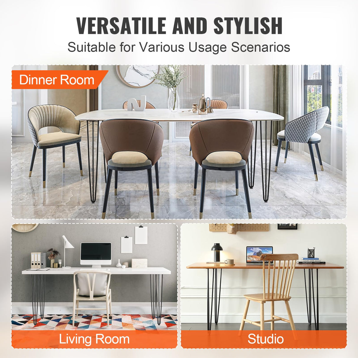 VEVOR Hairpin Table Legs 28", Set of 4 Desk Legs 900lbs Load Capacity, Hairpin Desk Legs 3 Rods for Desk Chairs Bench Dining End Table, Solid Carbon Steel Heavy Duty Furniture Legs Black VEVOR