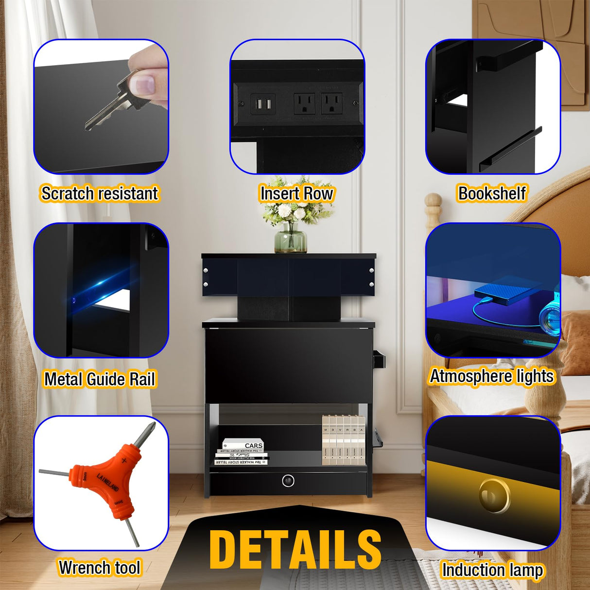 LAINELAND Night Stand Set 2,Nightstand with Charging Station,Induction Light and LED Light,Bedside Table with Drawers,Modern Nightstand End Side Table for Bedroom,Nightstands with Bookshelf,Black LAINELAND