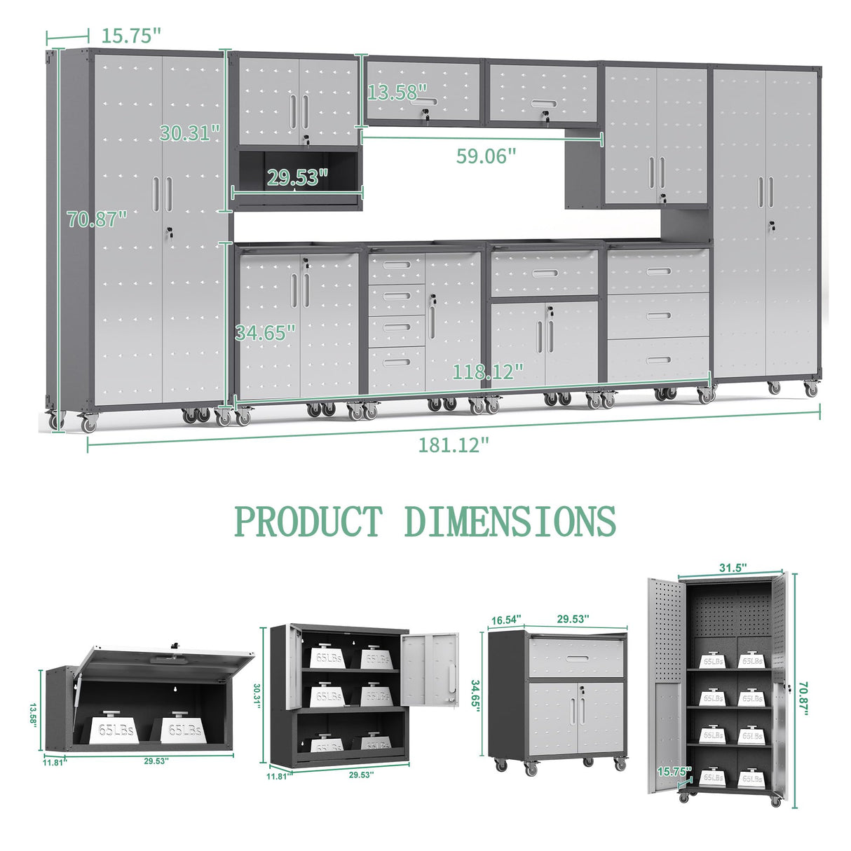 VIYET Metal Tool Cabinet,Garage Storage Cabinet System,Wall Cabinet & Locking Rolling Tool Cabinet with Doors and Adjustable Shelves,Steel Tool Cabinets for Home (10 Pcs-StyleA, Black & Grey) VIYET