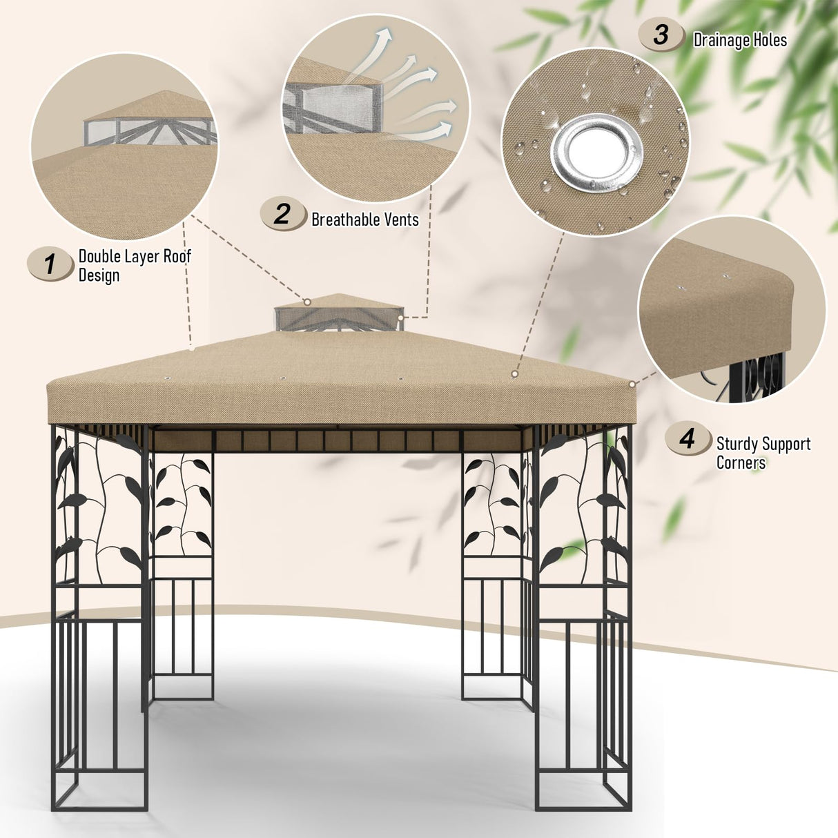 SGmory 10x10 FT Grill Gazebo Canopy Replacement Top, Pavilion Sunshade Polyester Gazebo Cover with Air Vent, Grill Canopy for Yard Patio Garden & Outdoor BBQ (Khaki) SGmory