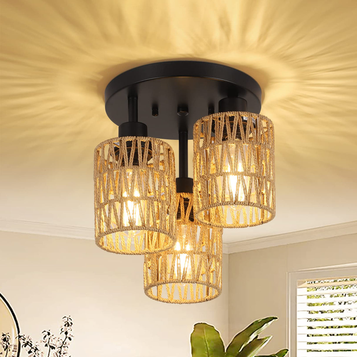 3-Lights Boho Light Fixtures Ceiling Mount, Farmhouse Rattan Chandelier, Hand Woven Cage Shade Semi Flush Mount Ceiling Lights for Bedroom Foyer Entryway Kitchen, Hallway Rattan Light Fixtures Ceiling Stepeak
