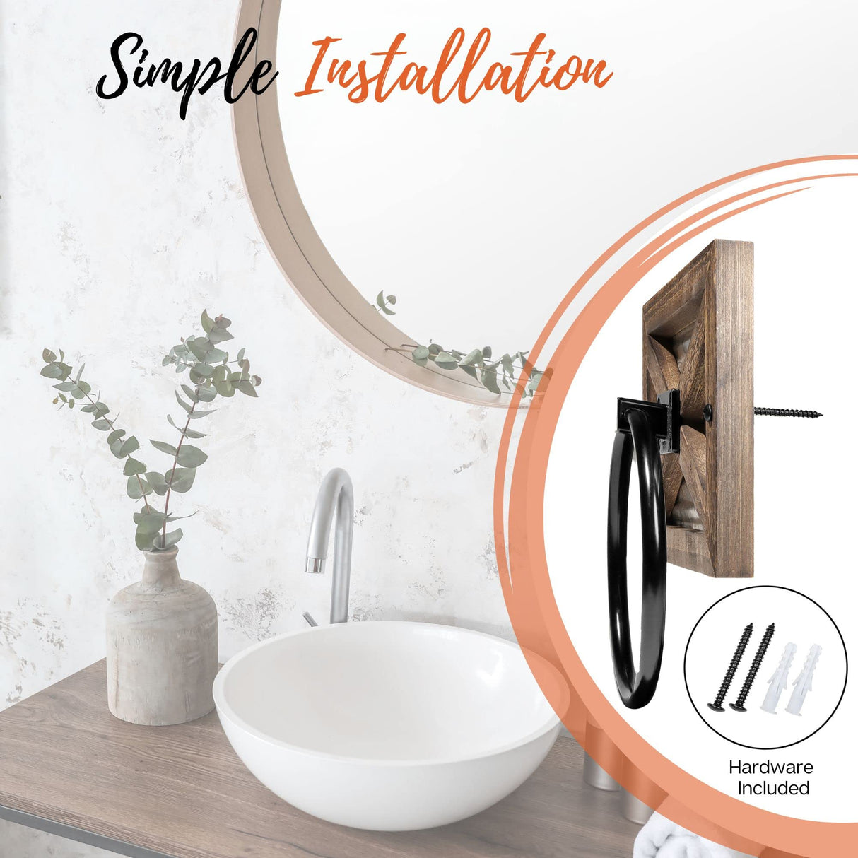 Autumn Alley Rustic Farmhouse Towel Holder for Bathroom, Rustic Hand Towel Holder, Rustic Towel Rack Holder, Wall Mounted, Western Bathroom Decor, Wood Country Decor, Galvanized Metal, Black Ring Autumn Alley