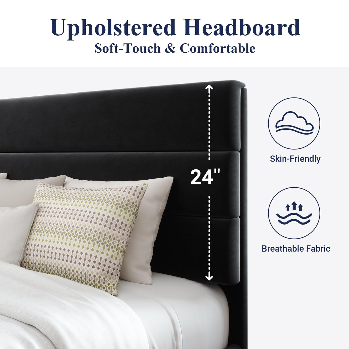 Allewie King Size Platform Bed Frame with Velvet Upholstered Headboard and Wooden Slats Support, Fully Upholstered Mattress Foundation/No Box Spring Needed/Easy Assembly, Black Allewie