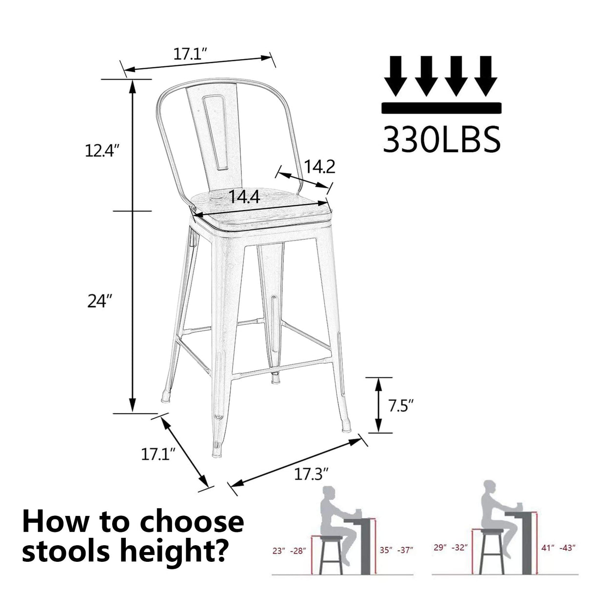 Alunaune 24" Swivel Metal Counter Height Bar Stools Set of 4 High Back Industrial Bar Chairs Kitchen Barstools with Large Wooden Seat-Rusty Alunaune